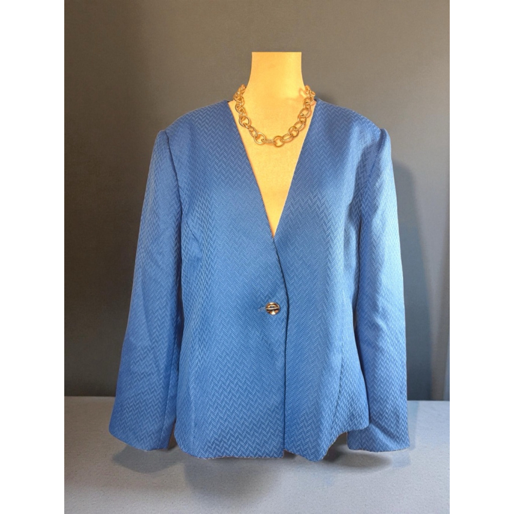 Size 16 Tahari Bright Blue Chevron Blazer Jacket V neck one button Plus Size